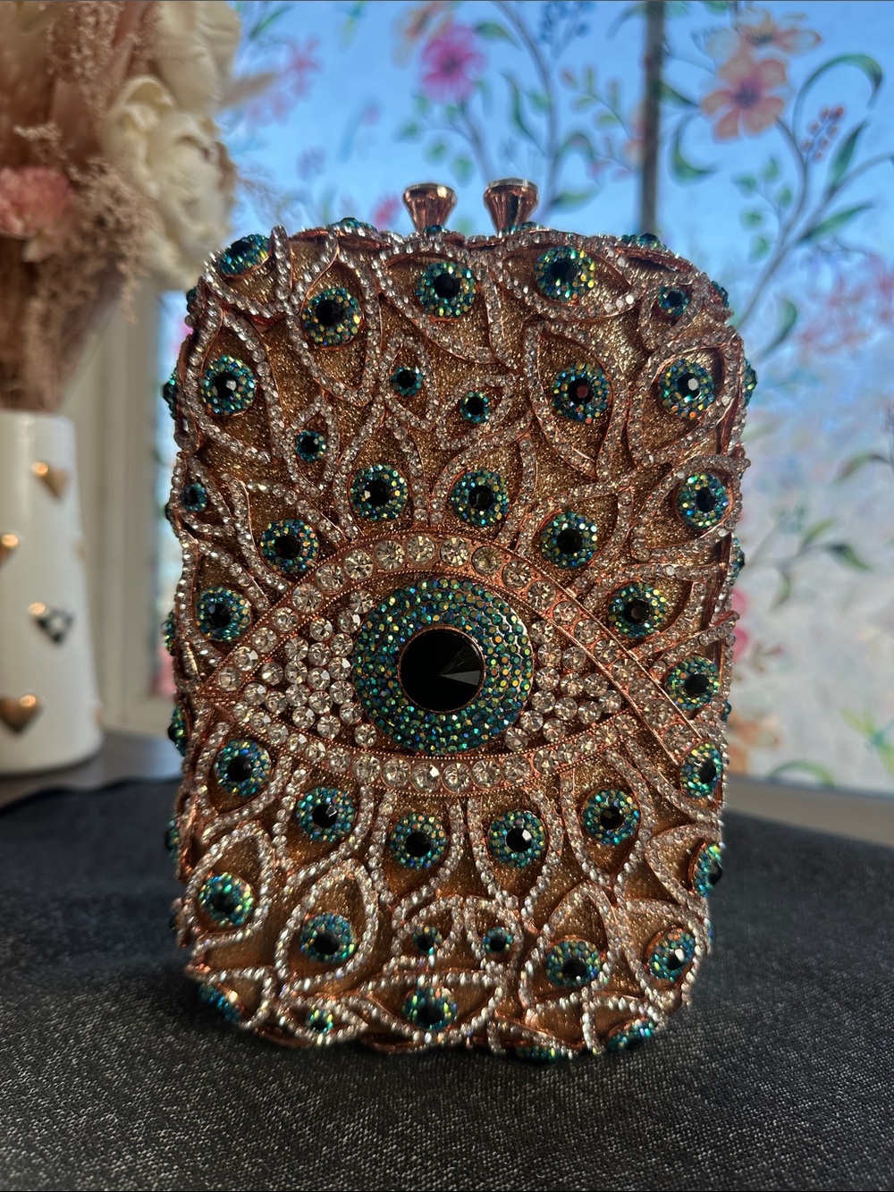 Peacock Crystal Minaudiere Rose Gold Jeweled Rhinestone Statement Clutch